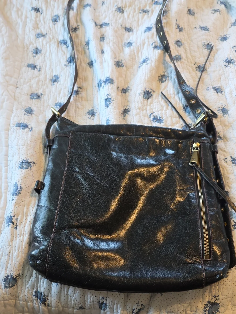 HOBO Black Leather Crossbody with Zip Accent and Decorative Adjustable Strap
